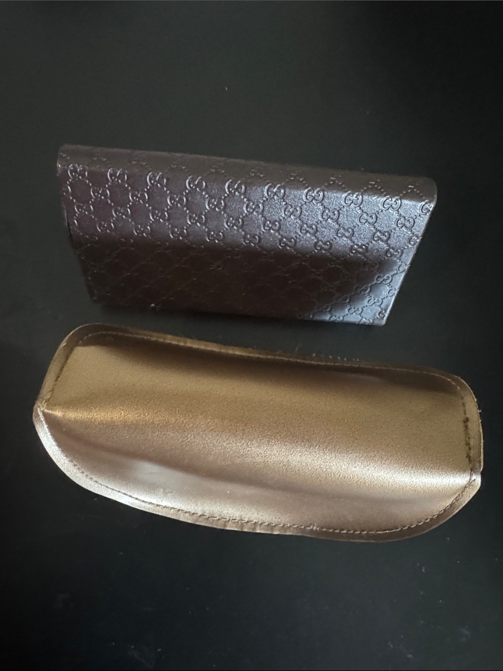 2 Gucci Embossed and Sunglass Cases, 1 hard brown and 1 engraved gold case - Picture 3 of 7